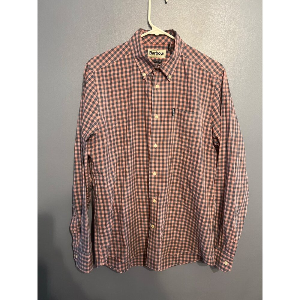 Men’s Barbour Salmon Pink & Blue Gingham‎ Tailored Fit Button Long Sleeve SZ MED